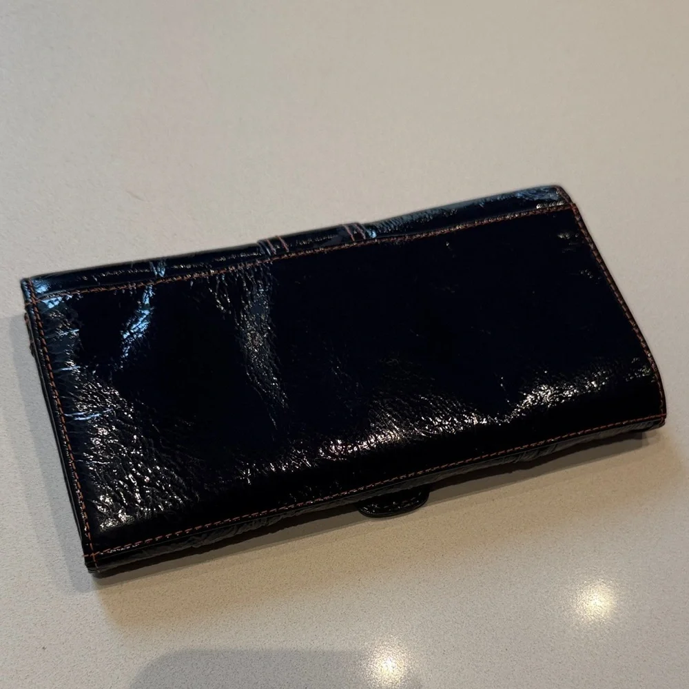 L. Erickson Trifold Envelope Style Patent Leather Black Clutch with Buckle